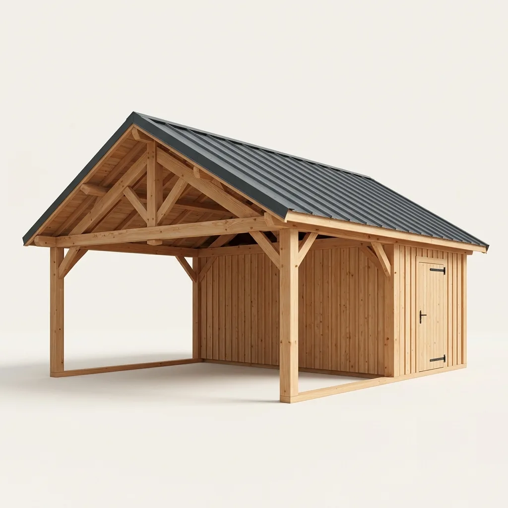 Carport bois double pente avec local de rangement — rendu 3D