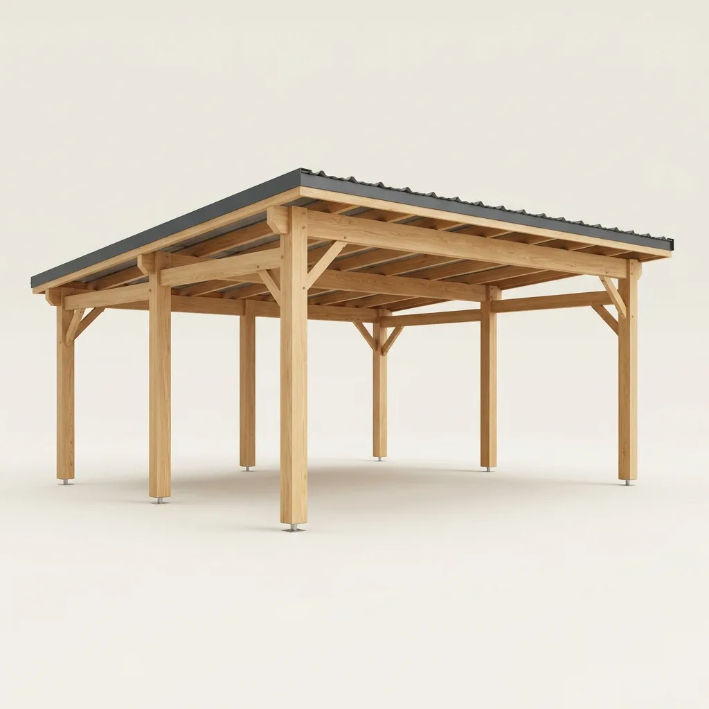 Carport bois bac acier pour deux voitures — rendu 3D