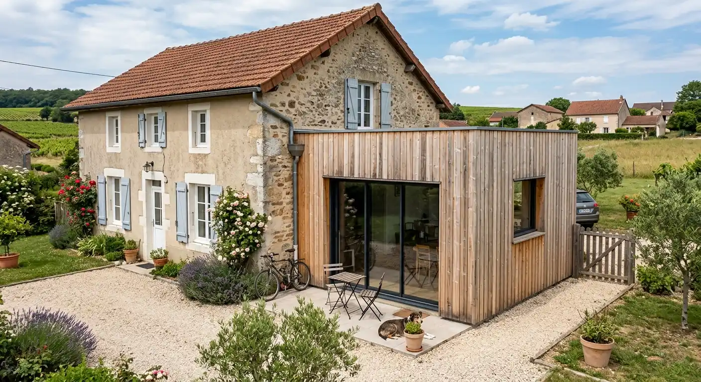 Extension bois maison en pierre