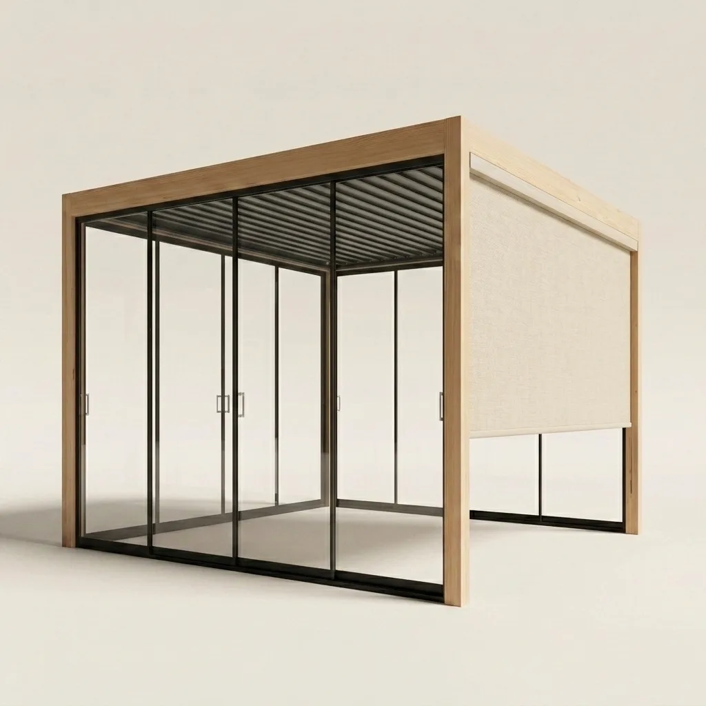 Pergola bois ultra luxe fermée par baies vitrées — rendu 3D